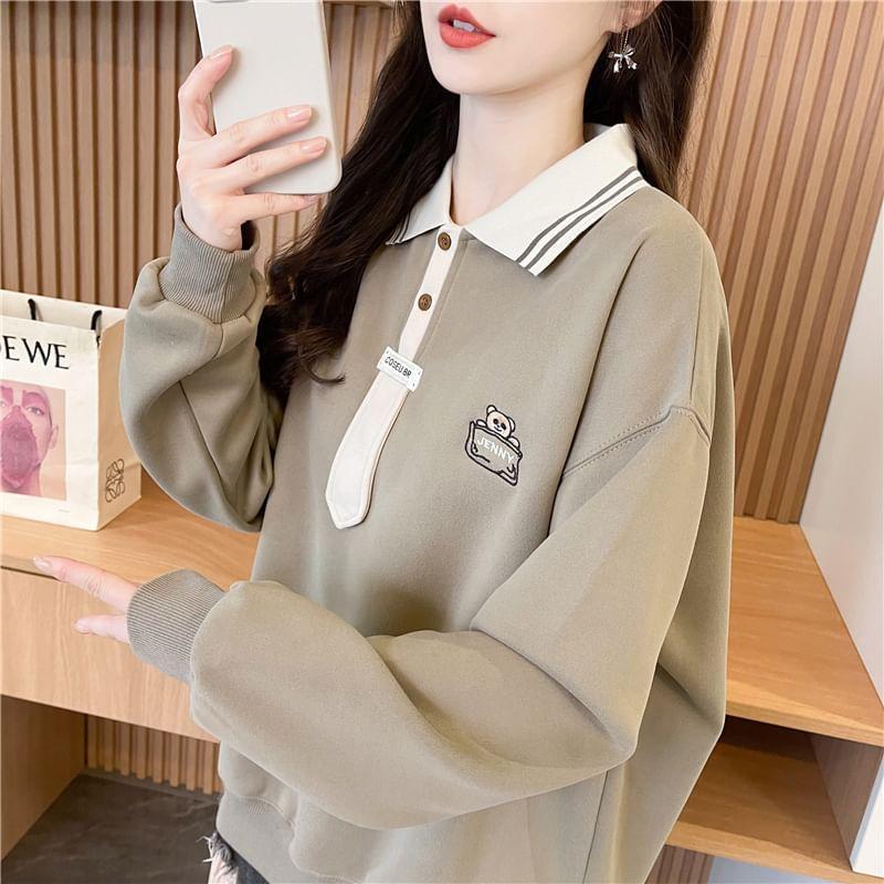Striped Collar Cartoon Embroidered Polo Pullover Product Image