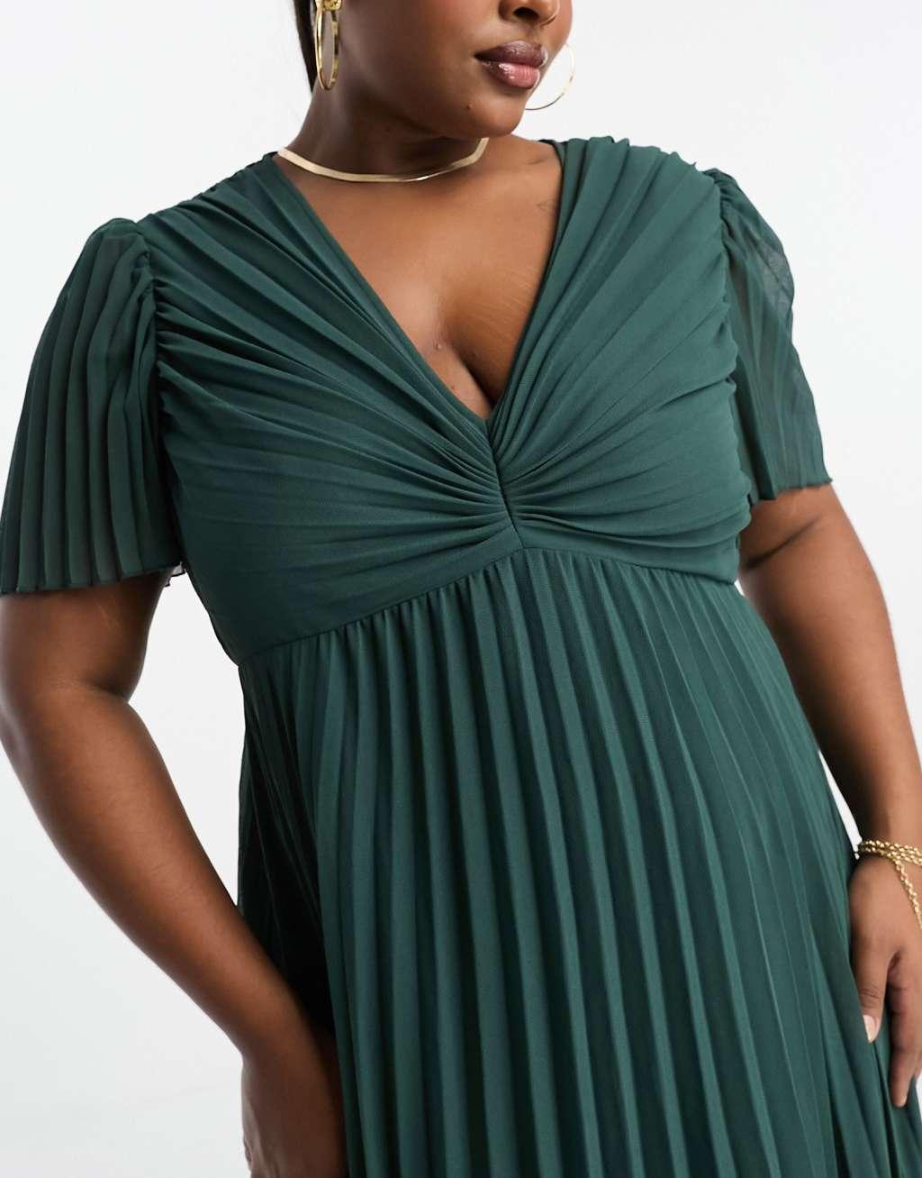ASOS DESIGN Curve pleated bodice flutter sleeve pleat midi dress Product Image