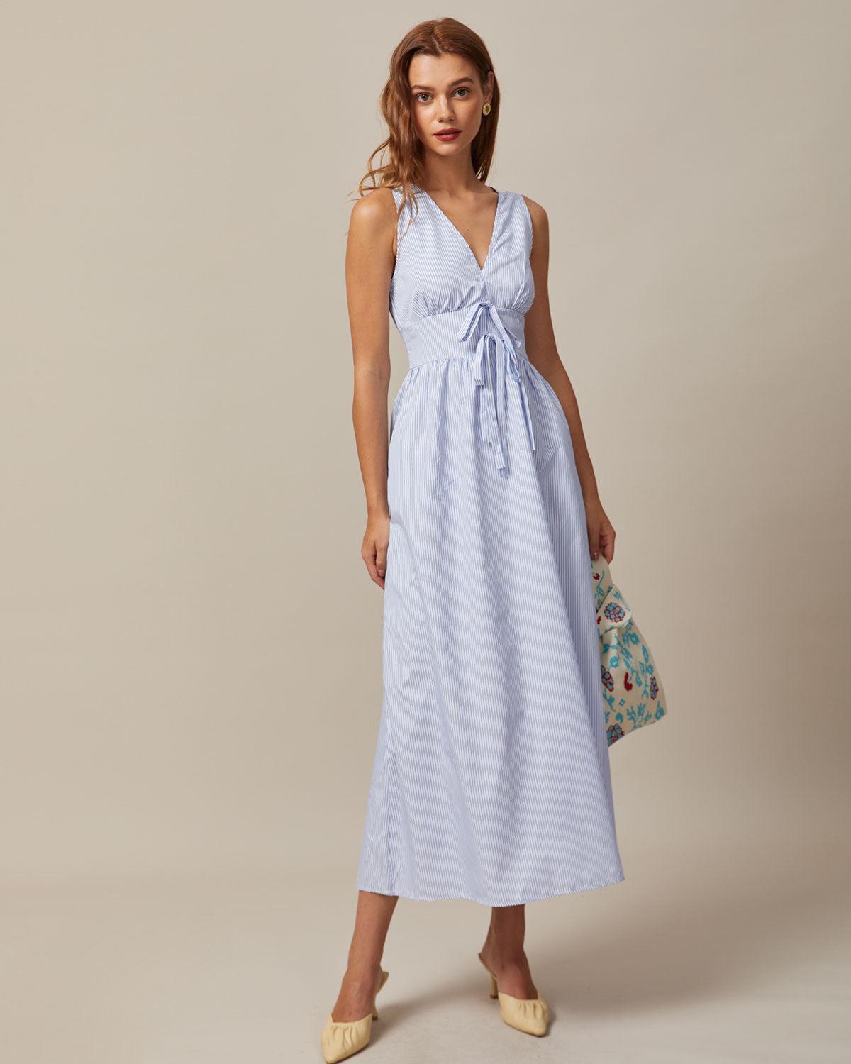 The Blue V Neck Shirred Striped Maxi Dress Product Image