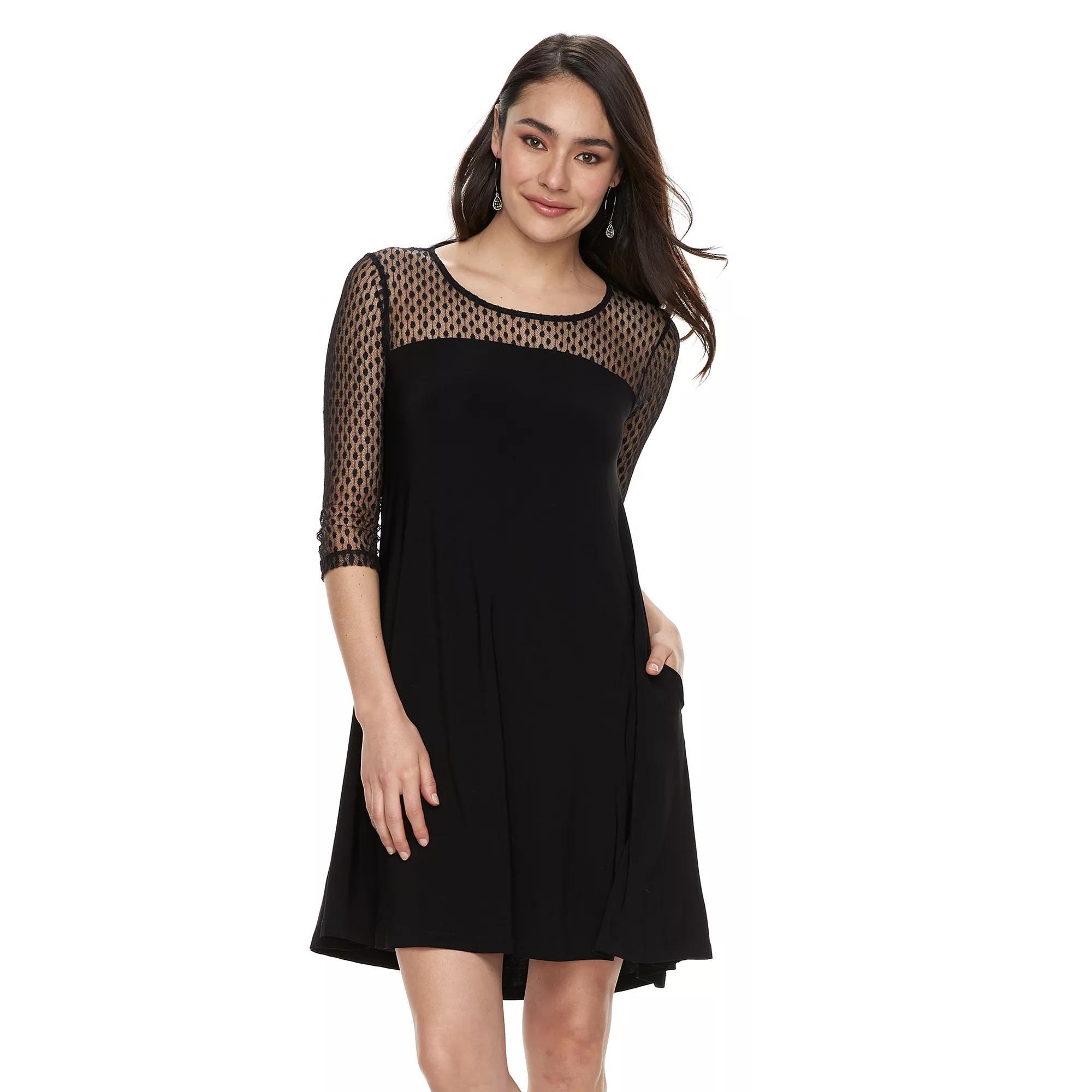 Women's Nina Leonard Mesh Yoke Trapeze Dress, Size: XL, Black Lace Dot Product Image