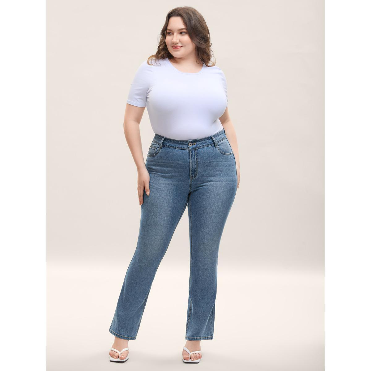Plus Size Classic Bootcut Mid-Rise Jeans Women Bluevintage Medium stretch Slanted pocket Jeans BloomChic 18/2X Product Image
