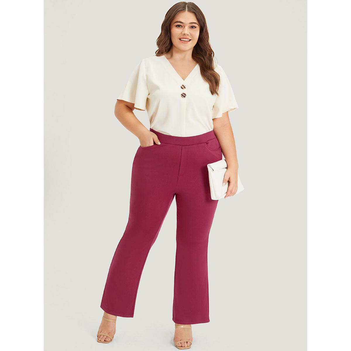 Plus Size Plain Slant Pocket Elastic Waist High Rise Bootcut Pants Women Burgundy Office Bodycon High Rise Work Pants BloomChic 10/M Product Image