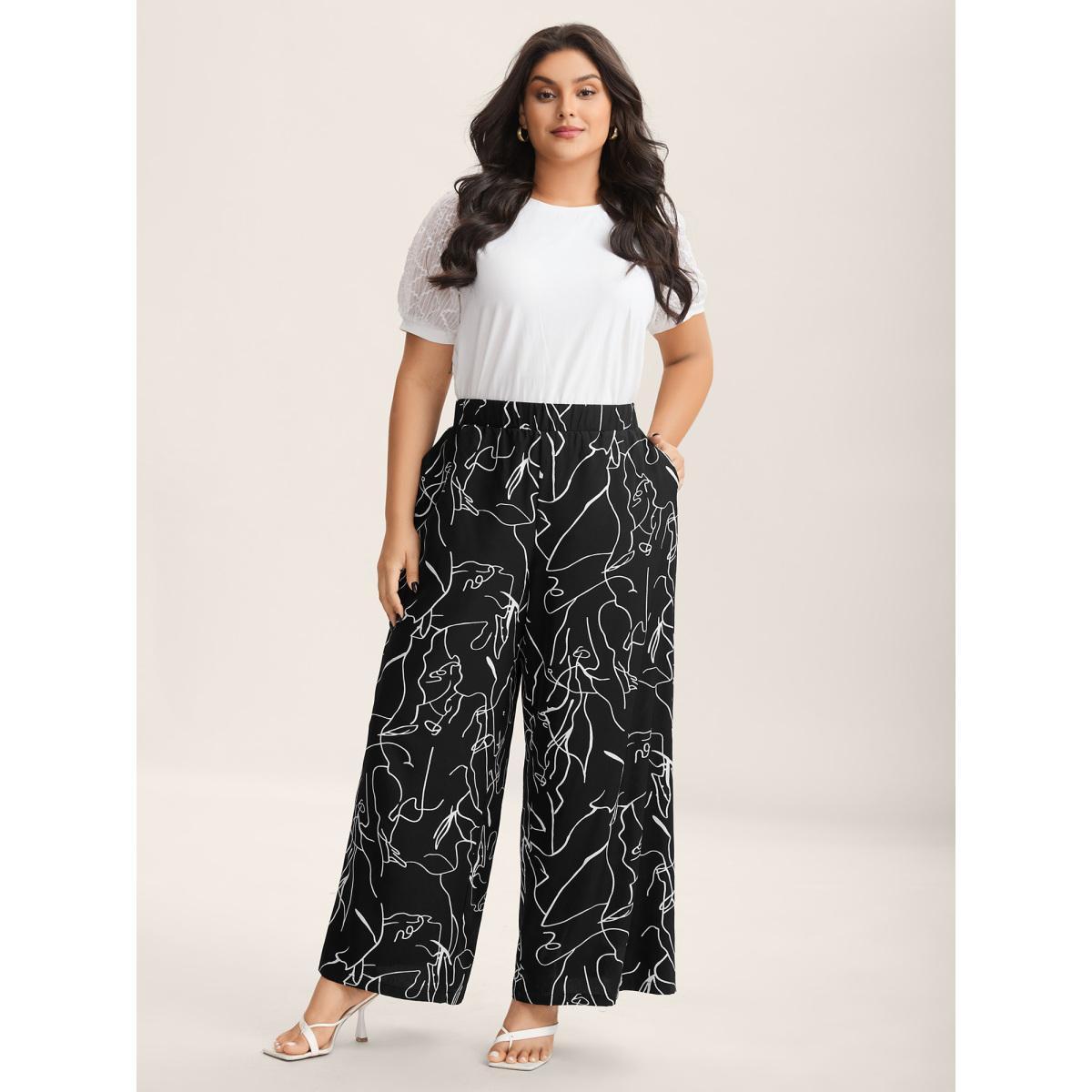 Plus Size Abstract Print Flowy Wide-Leg Pants Women Black Elegant Wide Leg Mid Rise Everyday-Elegant Pants BloomChic 28/5X Product Image