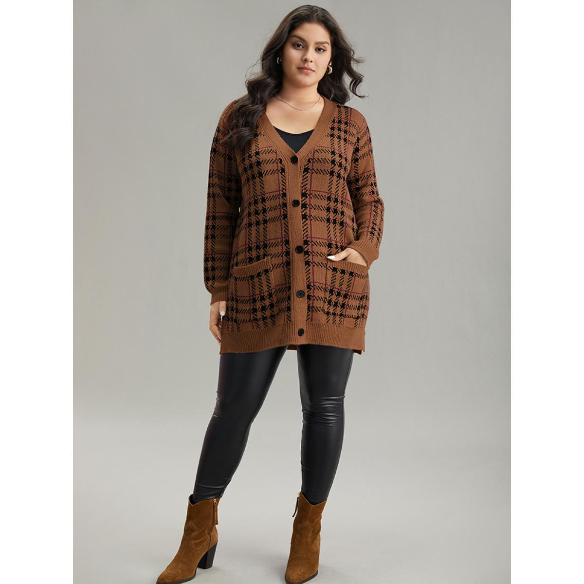 Plus Size Plaid & Houndstooth Print Patched Pocket Cardigan DarkBrown Women Casual Loose Long Sleeve Dailywear Cardigans BloomChic 10/M Product Image