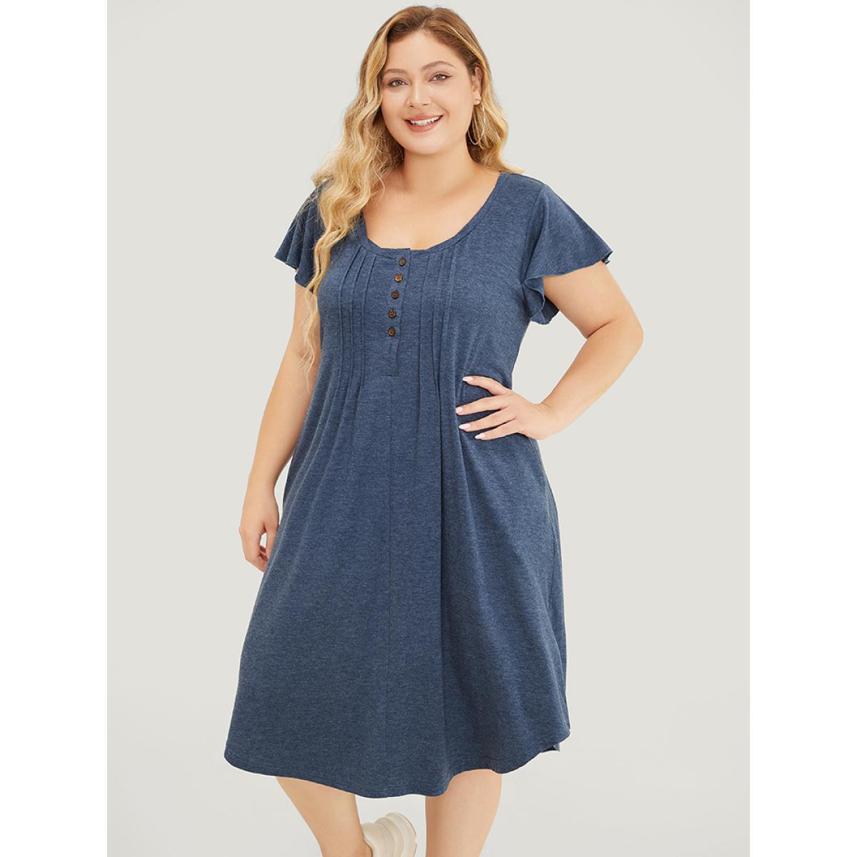 Plus Size Plain Pleated Ruffle Sleeve Pocket Button Up Curved Hem Dress Stone Women Casual Arc Hem Round Neck Cap Sleeve Curvy Midi Dress BloomChic 22-24/3X Product Image