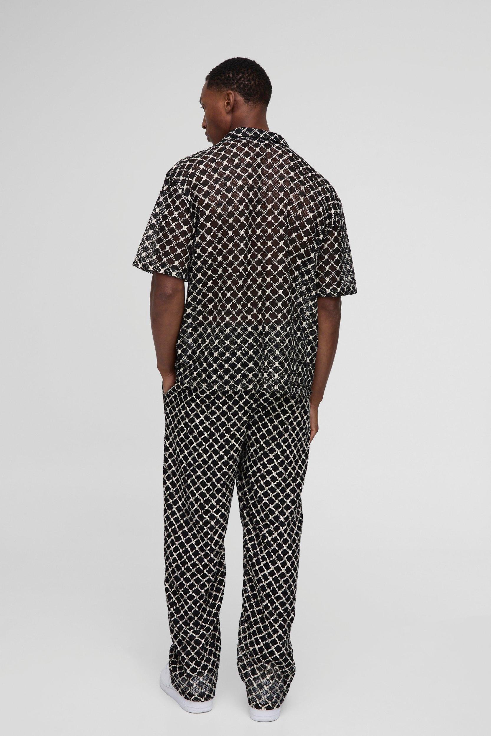 Oversized Crochet Stripe Revere Shirt & Relaxed Pants Set | boohooMAN USA Product Image