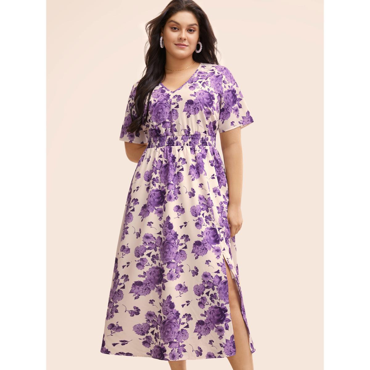 Plus Size Floral Print Split Side Shirred Dress BlueViolet Women Elegant Shirred V-neck Short sleeve Curvy BloomChic 14-16/1X Product Image