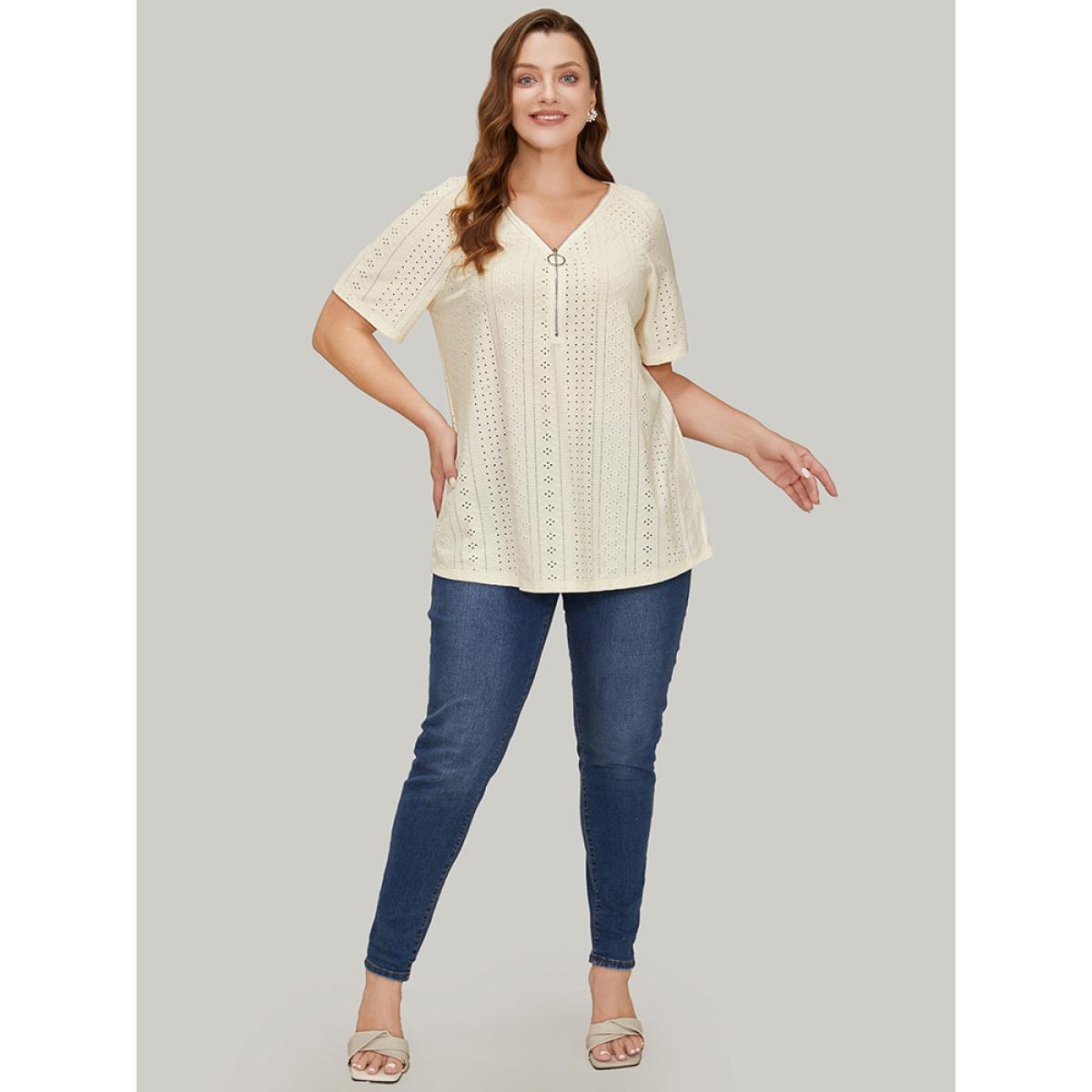 Plus Size Solid Half Zipper Broderie Anglaise T-shirt Ivory Women Elegant Zipper Plain V-neck Dailywear T-shirts BloomChic 22-24/3X Product Image