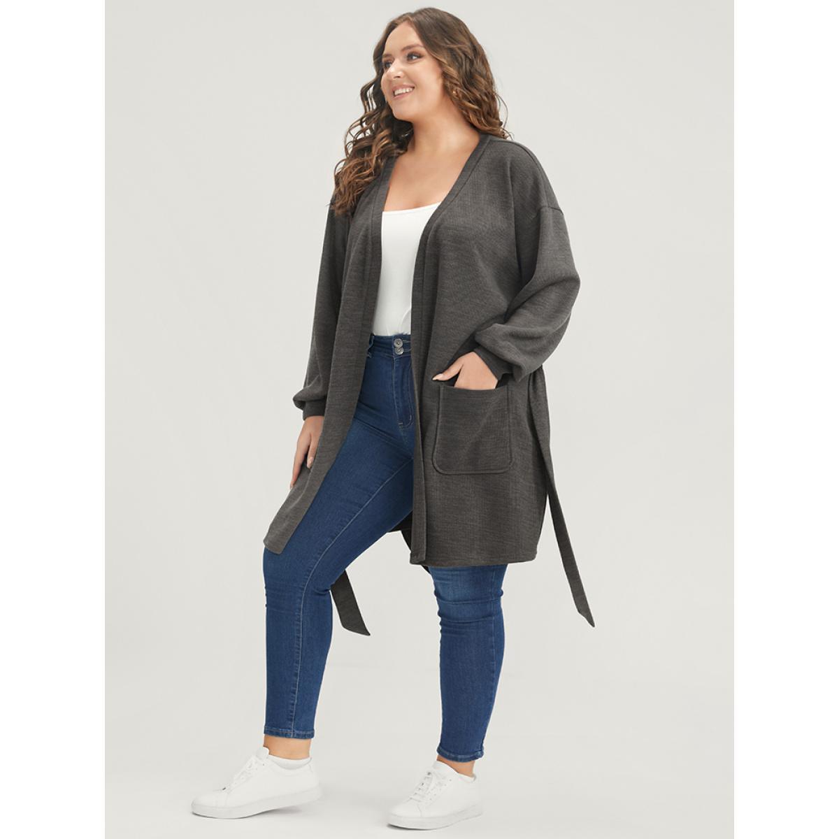 Plus Size Solid Pocket Belted Open Front Heather Coat Women DarkGray Casual Heather Ladies Dailywear Winter Coats BloomChic 18-20/2X Product Image