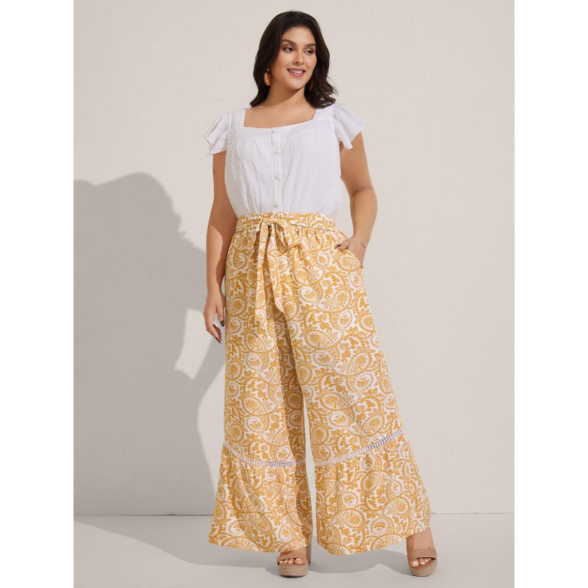 Plus Size Paisely Print Lace Trim Wide-Leg Pants Women Lightyellow Resort Wide Leg Mid Rise Vacation Pants BloomChic 28/5X Product Image