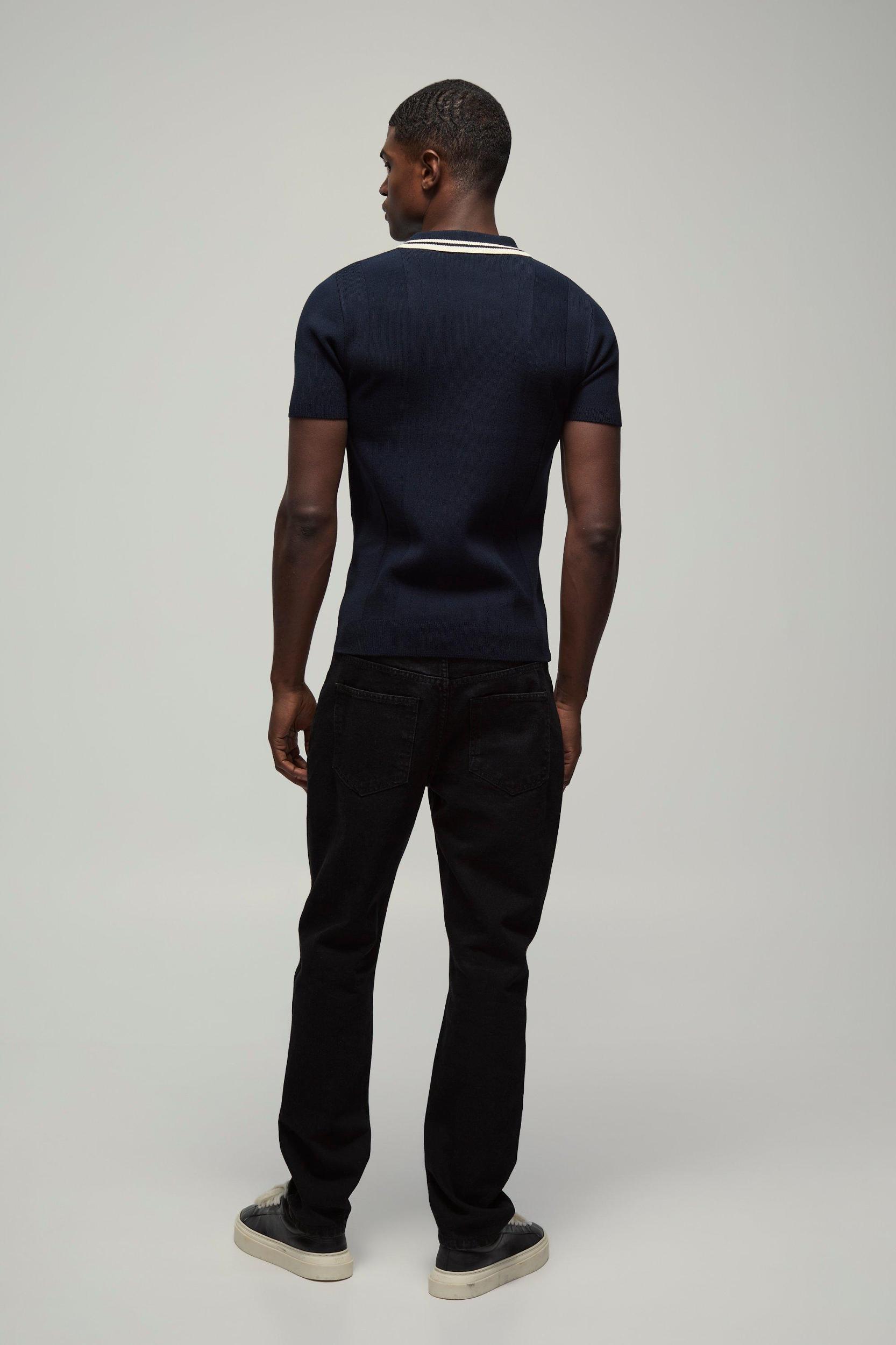 Muscle Fit Textured Tonal Vertical Stripe Button Neck Knitted Polo | boohooMAN USA Product Image