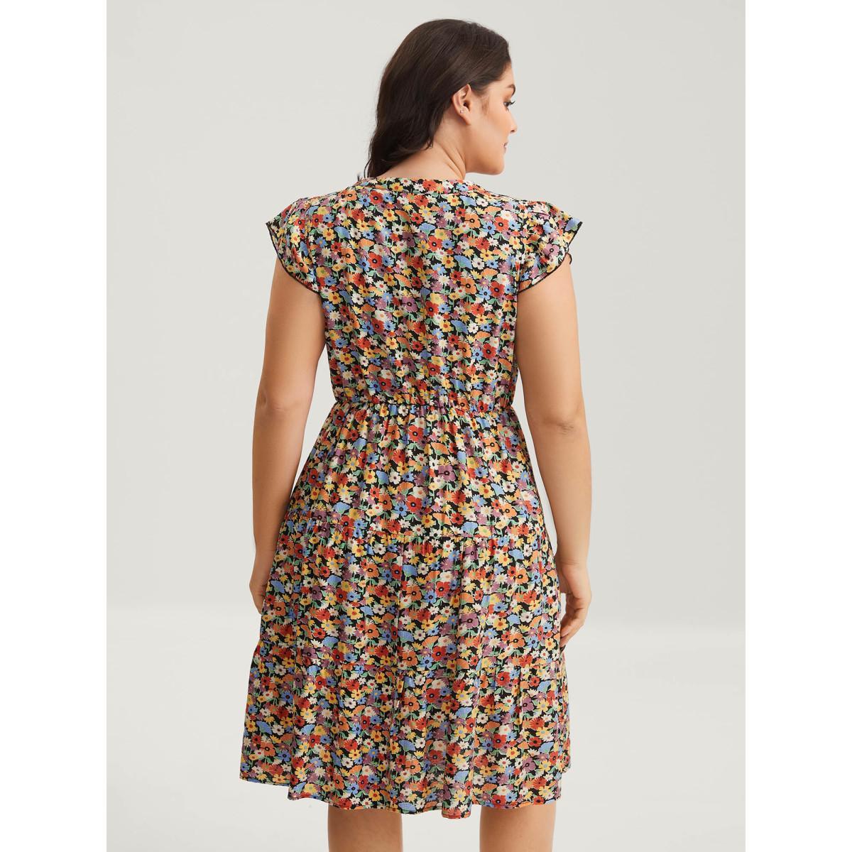 Plus Size Rayon Colorful Floral Print Tiered Pockets Midi Dress Multicolor Women Notched collar Cap Sleeve Curvy BloomChic 18-20/2X Product Image