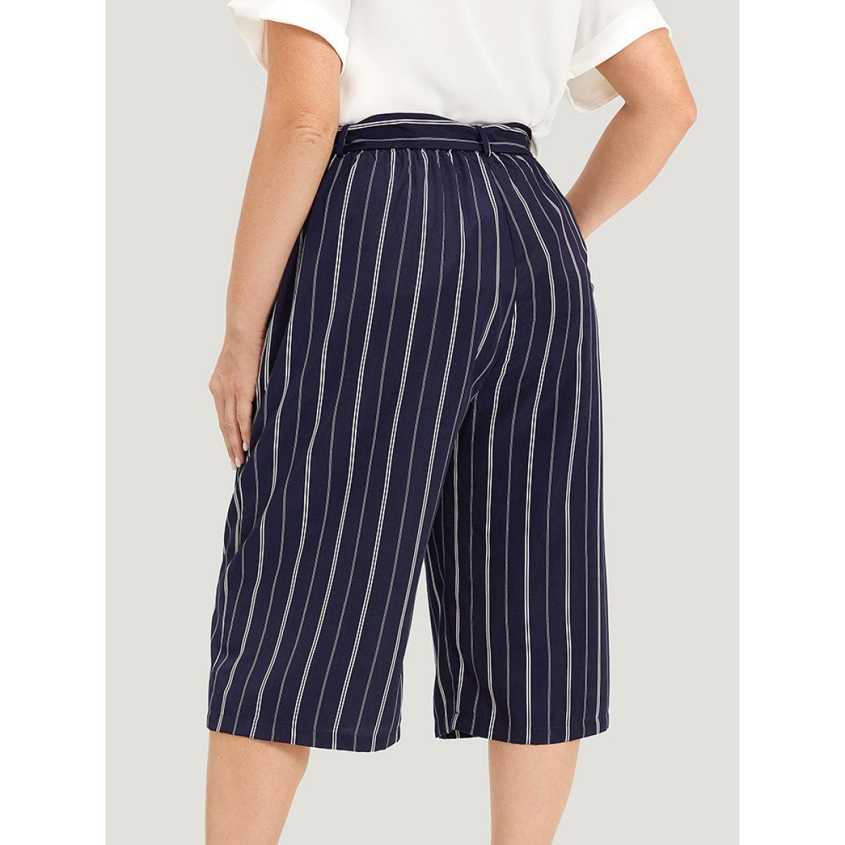 Plus Size Striped Belted Pocket High Rise Cropped Pants Women Indigo Office Straight Leg High Rise Work Pants BloomChic 18-20/2X Product Image
