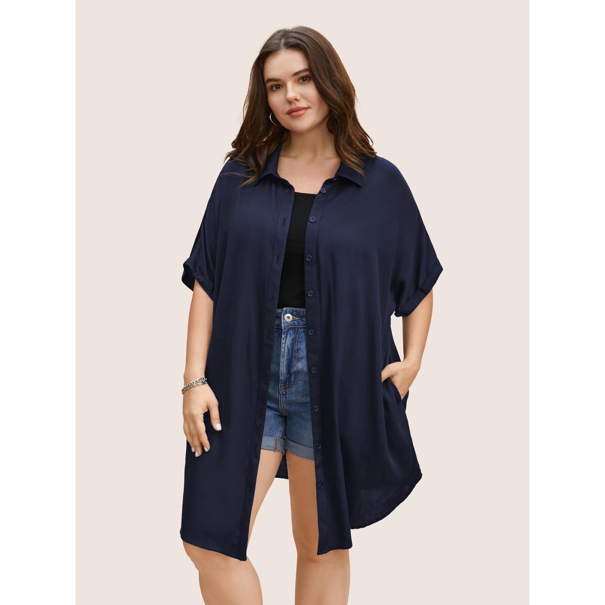 Plus Size Midnight Rayon Shirt Collar Cuffed Sleeve Pocket Blouse Women Casual Short sleeve Shirt collar Everyday Blouses BloomChic 18-20/2X Product Image