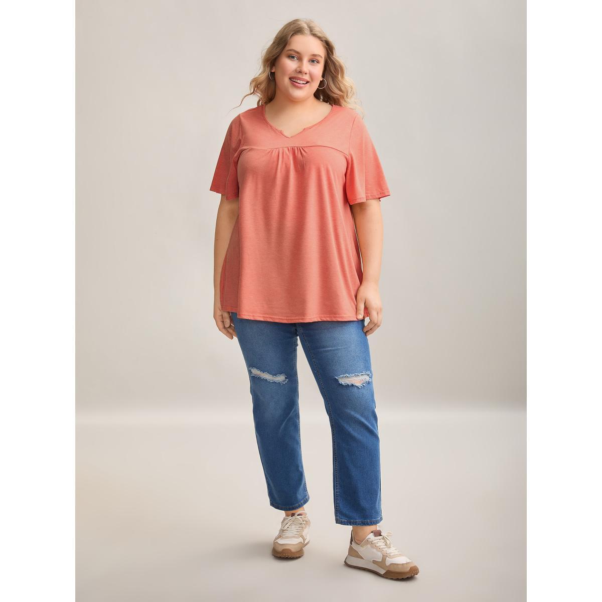 Plus Size Heathered Split Neckline Plain T-Shirt Coral Women Casual Gathered Notched collar Everyday T-shirts BloomChic 22-24/3X Product Image