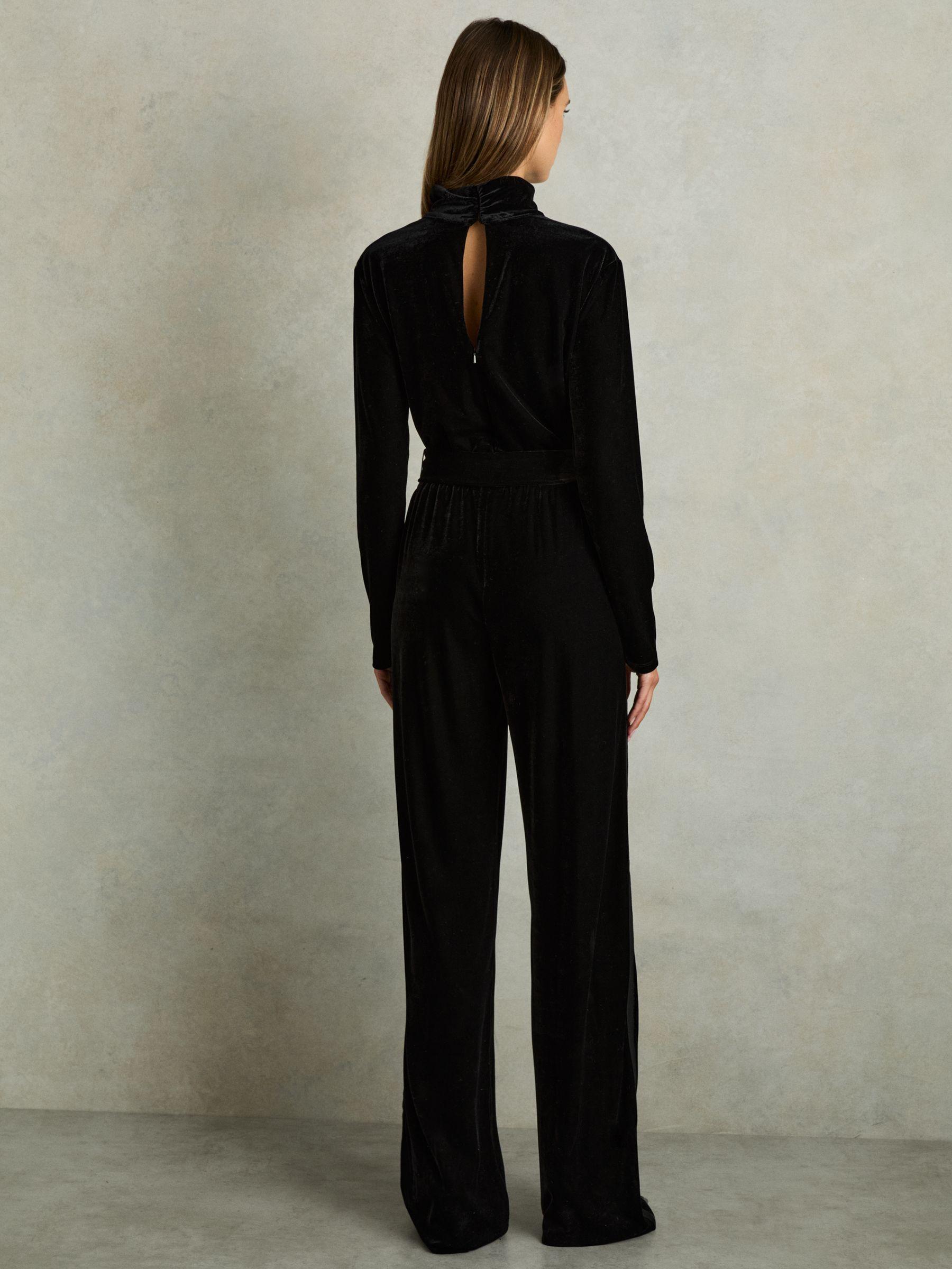 Velvet Belted Wide Leg Jumpsuit in Black Product Image