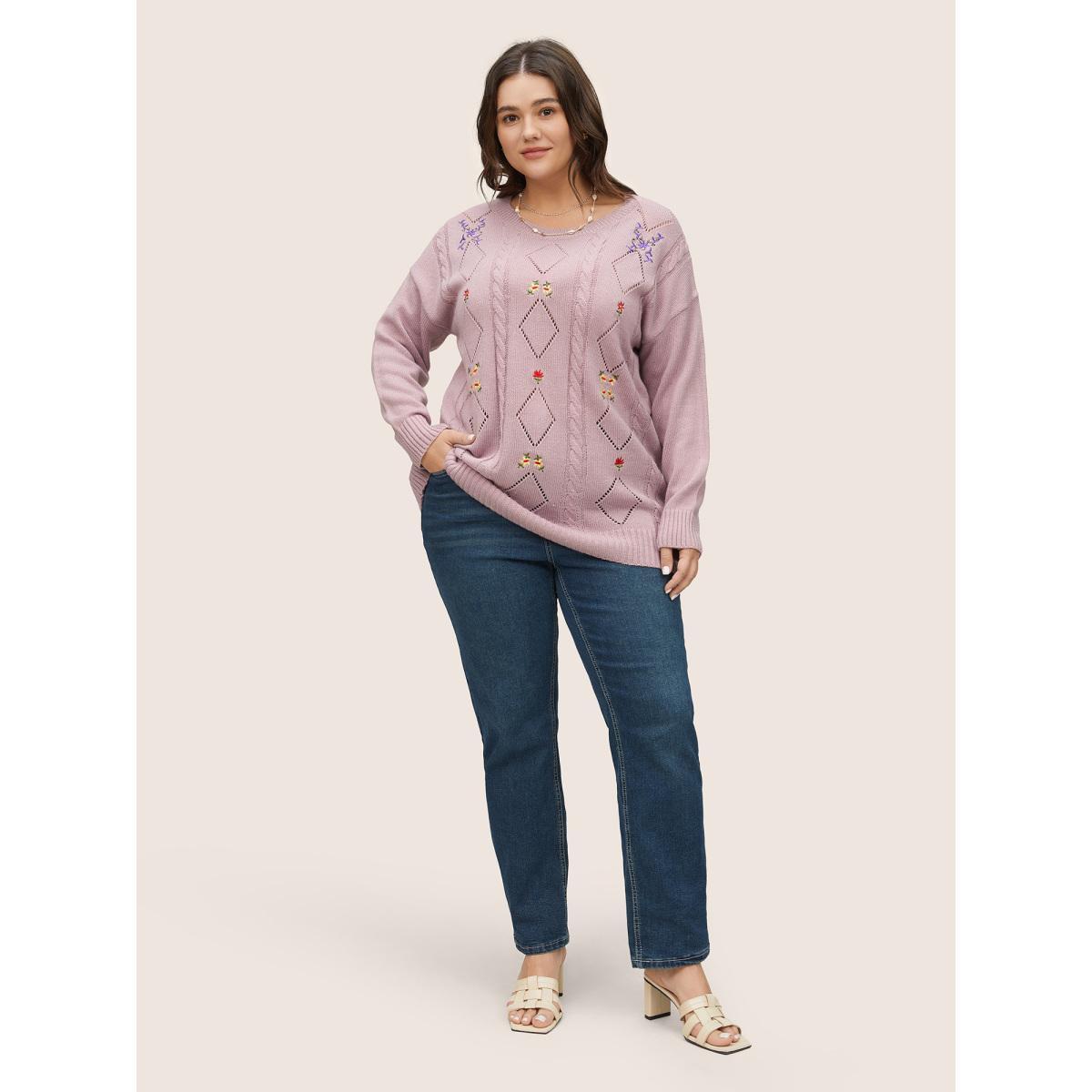 Plus Size Floral Embroidered Geometric Hollow Out Cable Knit Pullover Lilac Women Casual Long Sleeve Round Neck Everyday Pullovers BloomChic 14-16/1X Product Image