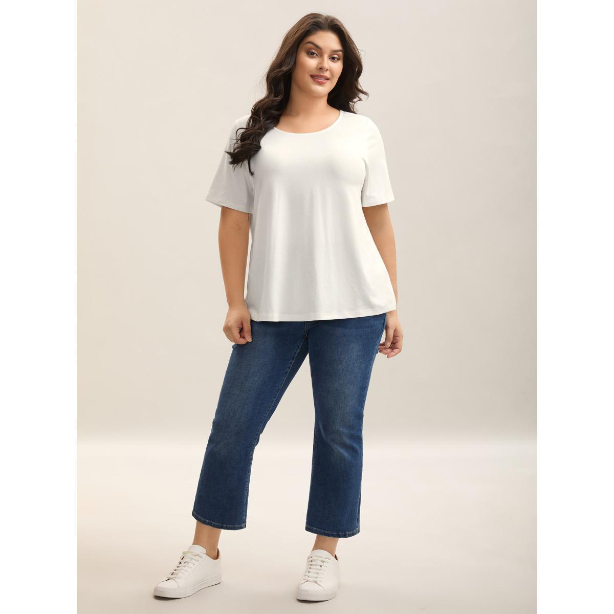 Plus Size Lace Trim Backless Plain T-Shirt Originalwhite Women Woven ribbon&lace trim Round Neck Everyday-Casual T-shirts BloomChic 30/6X Product Image