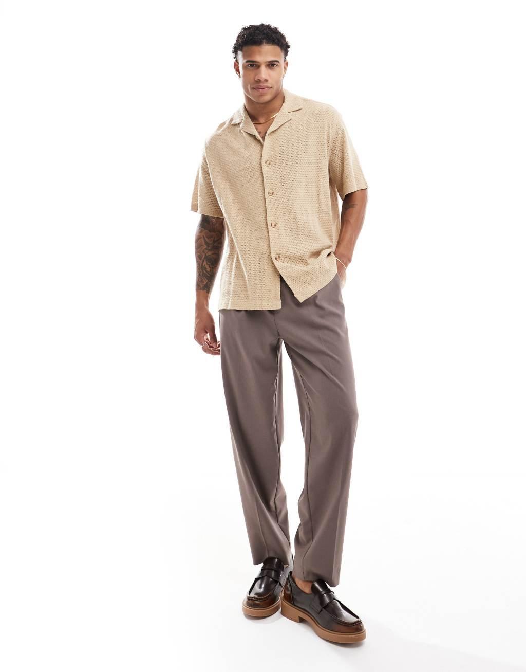 ASOS DESIGN relaxed revere texture shirt in brown Product Image