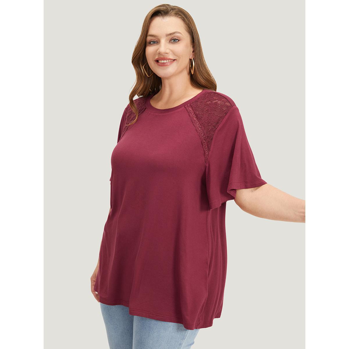Plus Size Solid Lace Patchwork Flutter Sleeve T-shirt Scarlet Women Elegant Patchwork Plain Round Neck Dailywear T-shirts BloomChic 12/L Product Image