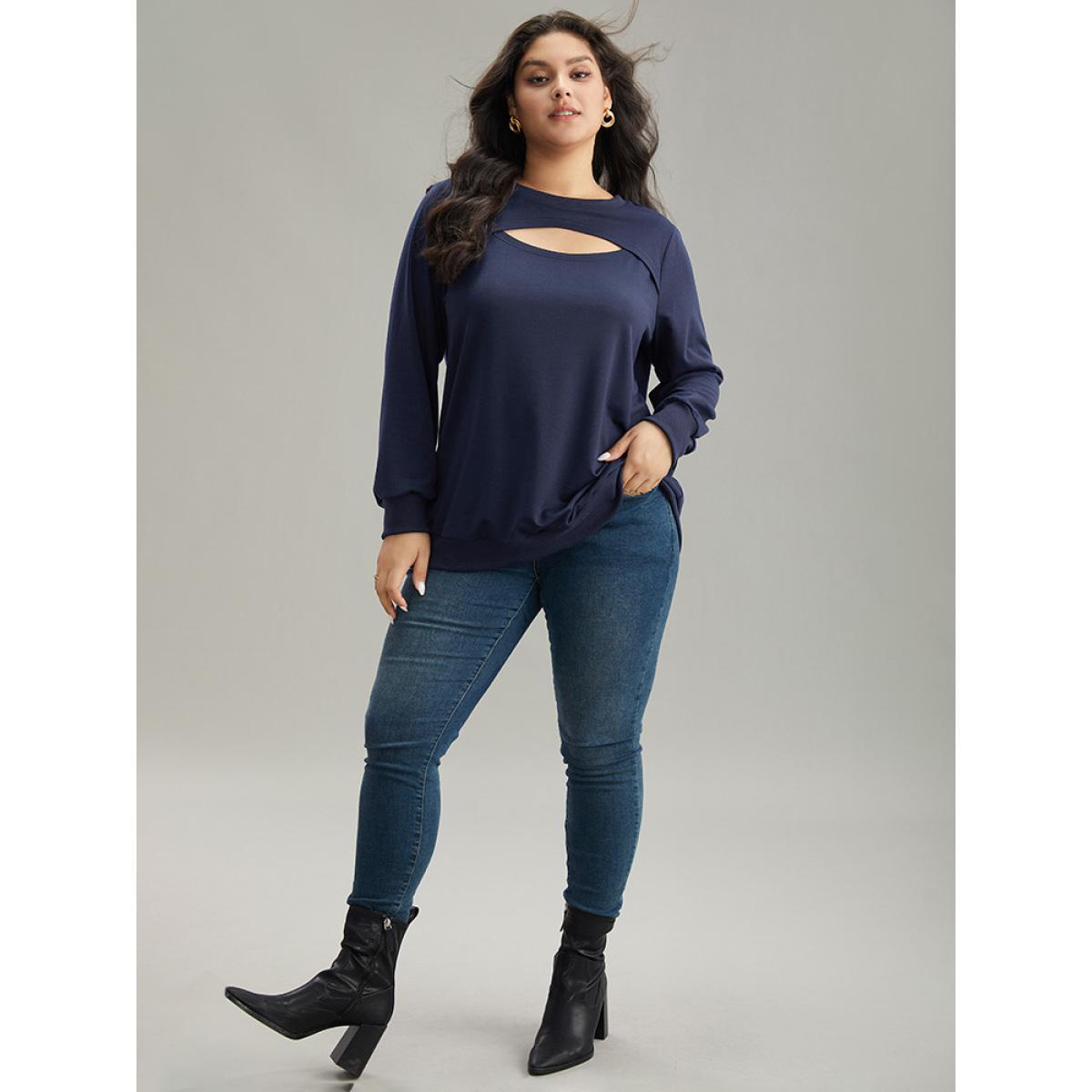 Plus Size Solid Keyhole Elastic Cuffs Sweatshirt Women Indigo Elegant Elastic cuffs Keyhole Cut-Out Dailywear Sweatshirts BloomChic 14-16/1X Product Image