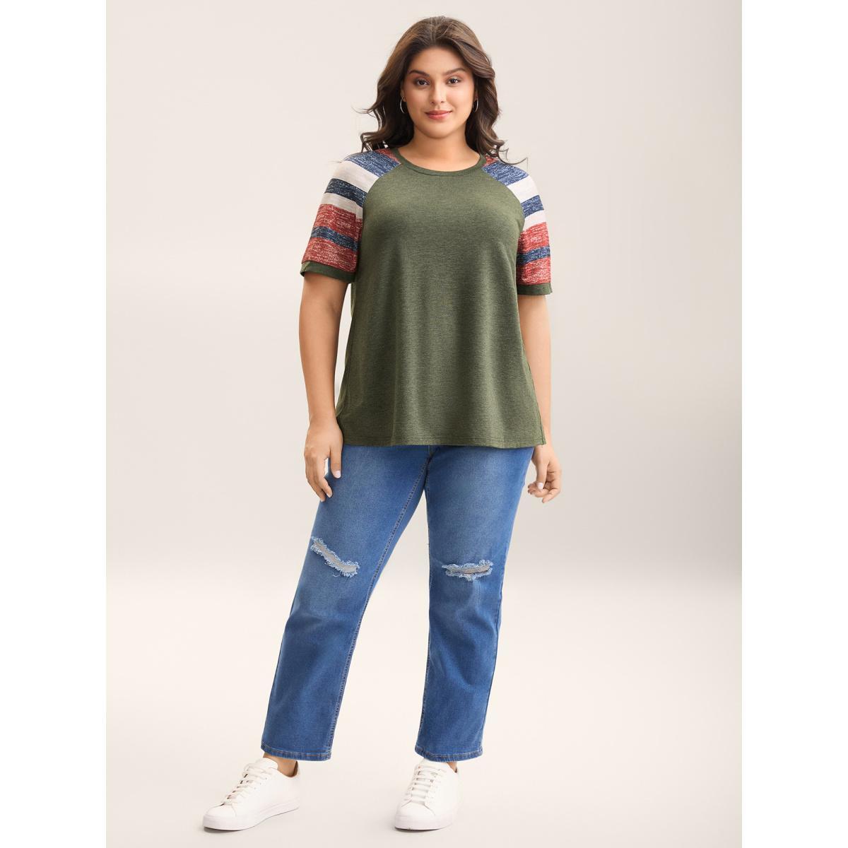 Plus Size Striped Raglan Sleeve Plain T-Shirt ArmyGreen Women Casual Contrast Round Neck Everyday-Casual T-shirts BloomChic 26/4X Product Image