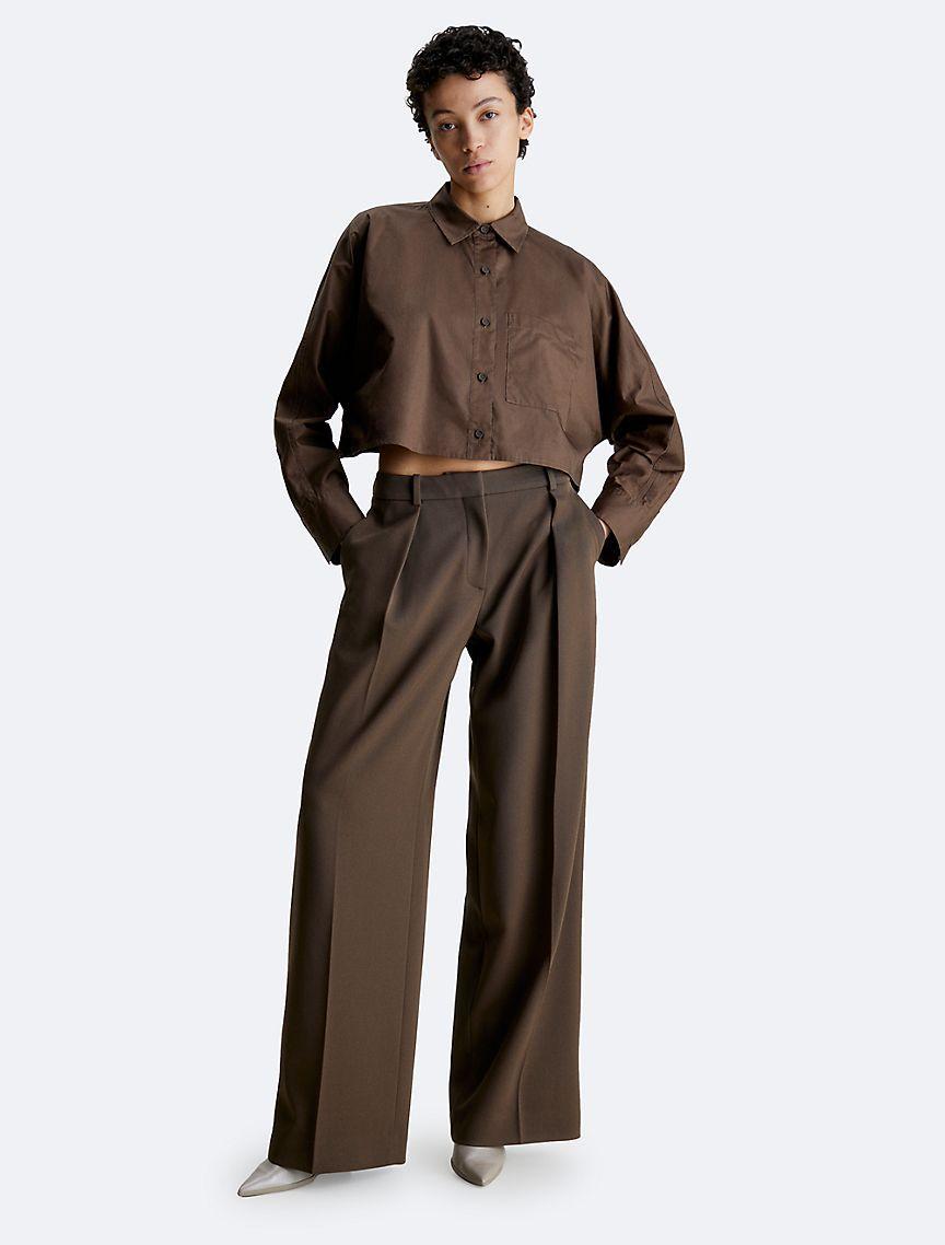 Calvin Klein Women's Cropped Dolman Relaxed Button-Down Shirt - Brown - 42 Product Image