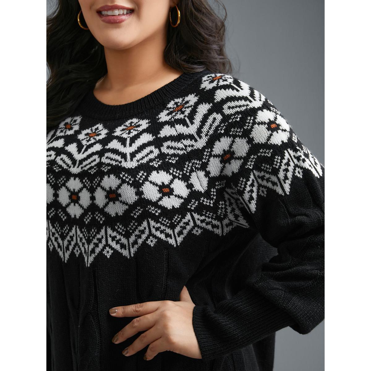 Plus Size Floral Cable Knit Curved Hem Pullover Black Women Casual Loose Long Sleeve Round Neck Everyday Pullovers BloomChic 18-20/2X Product Image