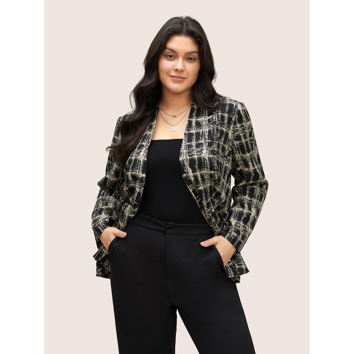 Plus Size Geometric Pocket Belted Lined Blazer Black Women Work Geometric Non Sleeve Long Sleeve V-neck 18-20/2X Patch pocket Belt At the Office Blazers BloomChic Product Image