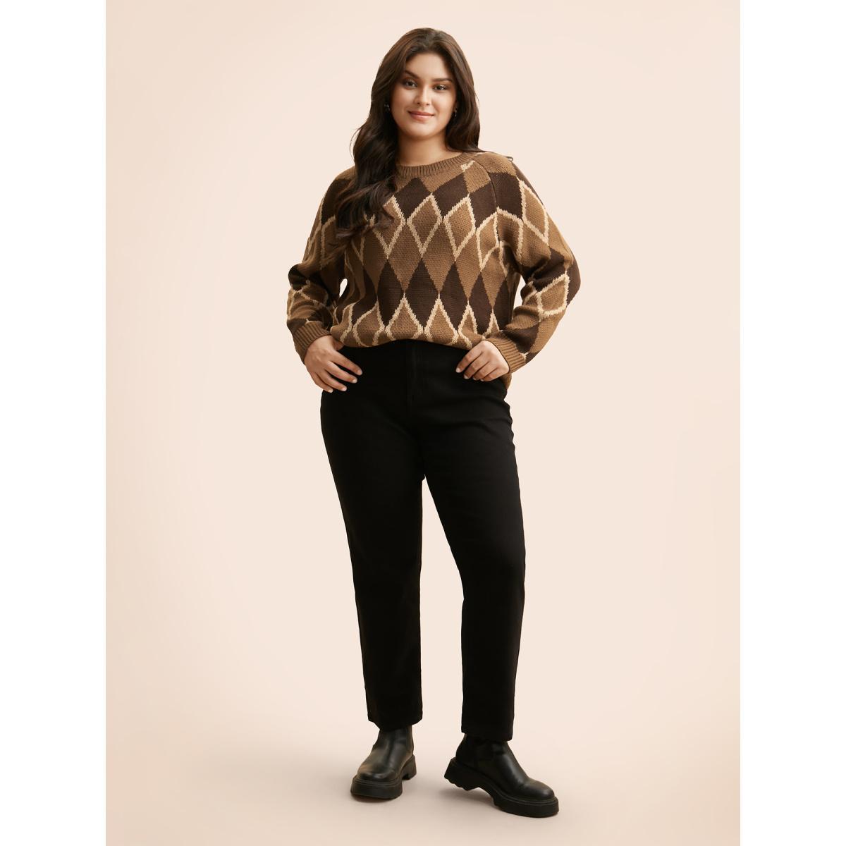 Plus Size Plaid Crew Neck Raglan Sleeve Cardigan Browncoffeecolor Women Casual Loose Long Sleeve Round Neck Everyday Pullovers BloomChic 22-24/3X Product Image