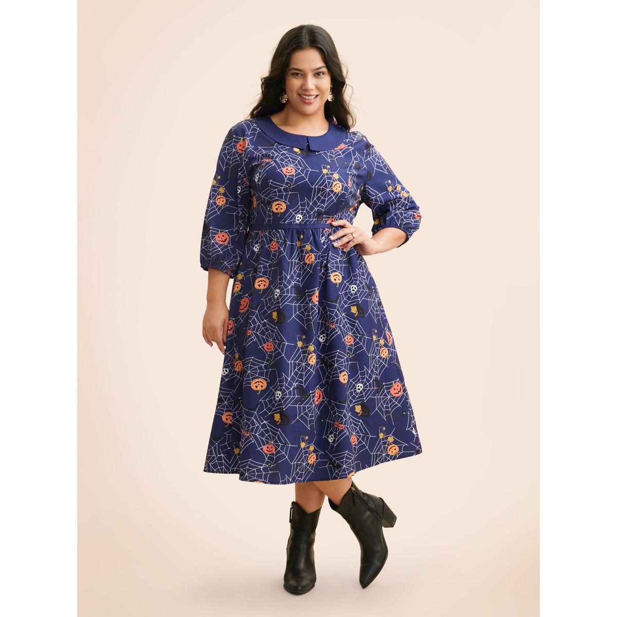 Plus Size Pumpkin Patch Retro Collared Midi Dress DarkBlue Women Cocktail Contrast Party Curvy Bloomchic 12/L Product Image