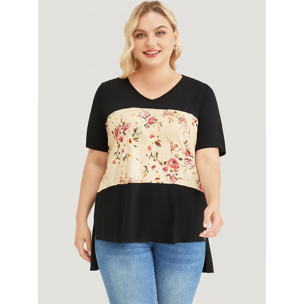 Plus Size Floral Print Colorblock Contrast Split High Low Hem T-shirt Black Women Elegant Floral V-neck Dailywear T-shirts BloomChic 18-20/2X Product Image