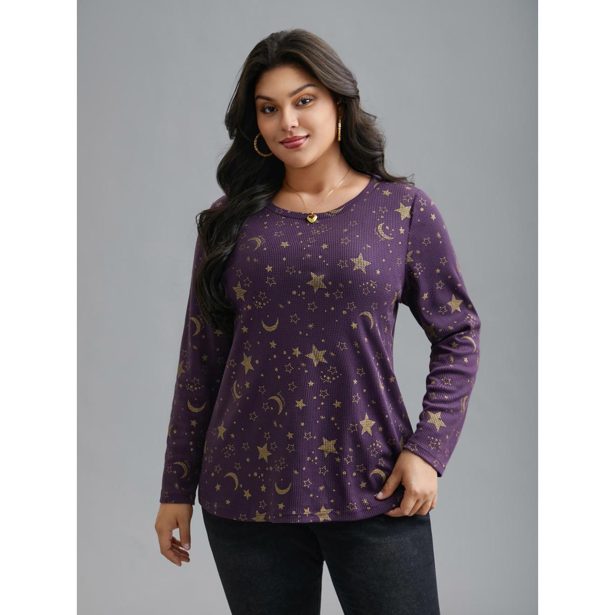 Plus Size Moon and Star Glitter Textured T-Shirt Deeppurple Women Casual Texture Star and moon Round Neck Everyday T-shirts BloomChic 12/L Product Image