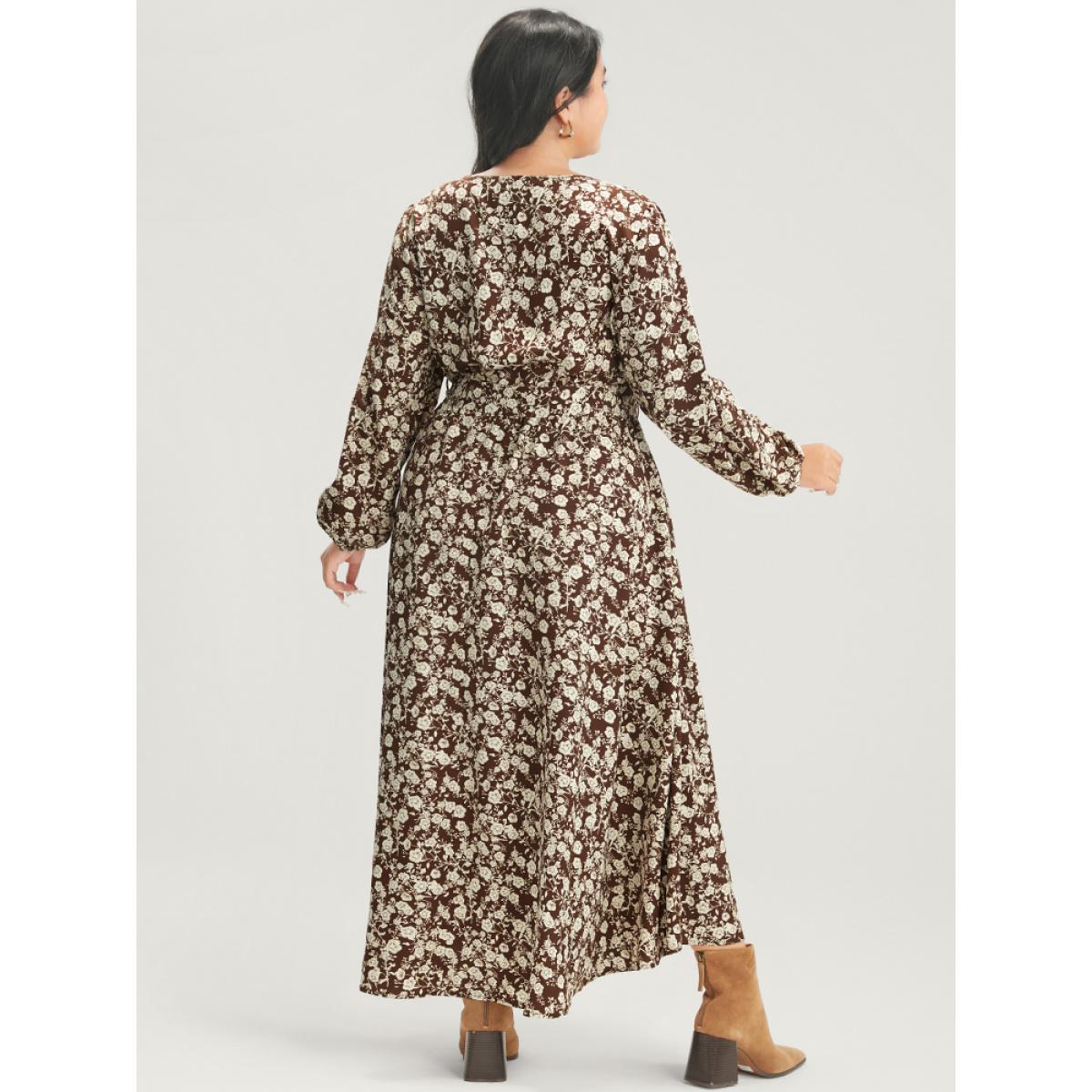 Plus Size Floral Pocket Lantern Sleeve Belted Split Hem Dress DarkBrown Women Elegant Belted Round Neck Long Sleeve Curvy Long Dress BloomChic 26/4X Product Image