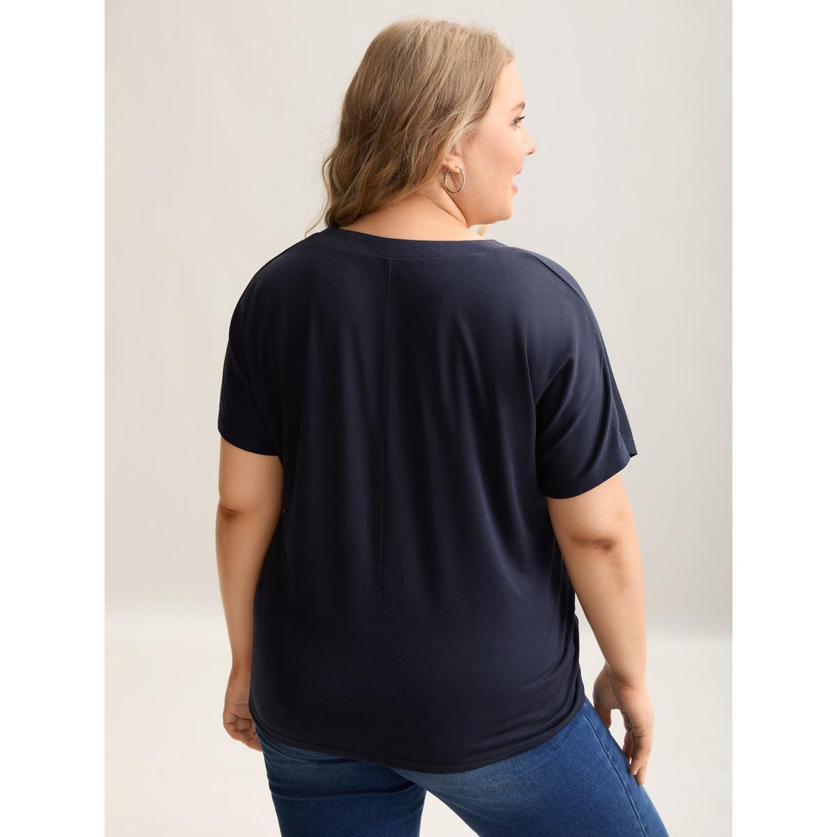 Plus Size Stretchy Striped Button Front T-Shirt Indigo Women Casual Contrast V-neck Everyday T-shirts BloomChic 12/L Product Image