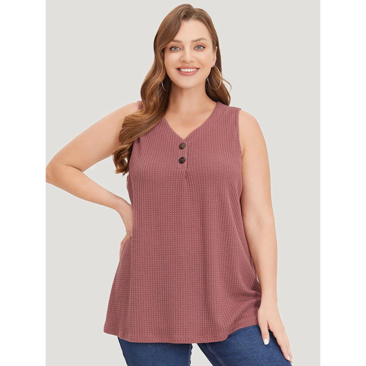 Plus Size Waffle Knit Button Detail Plicated Detail Tank Top Women DustyPink Casual V-neck Dailywear Tank Tops Camis BloomChic 12/L Product Image