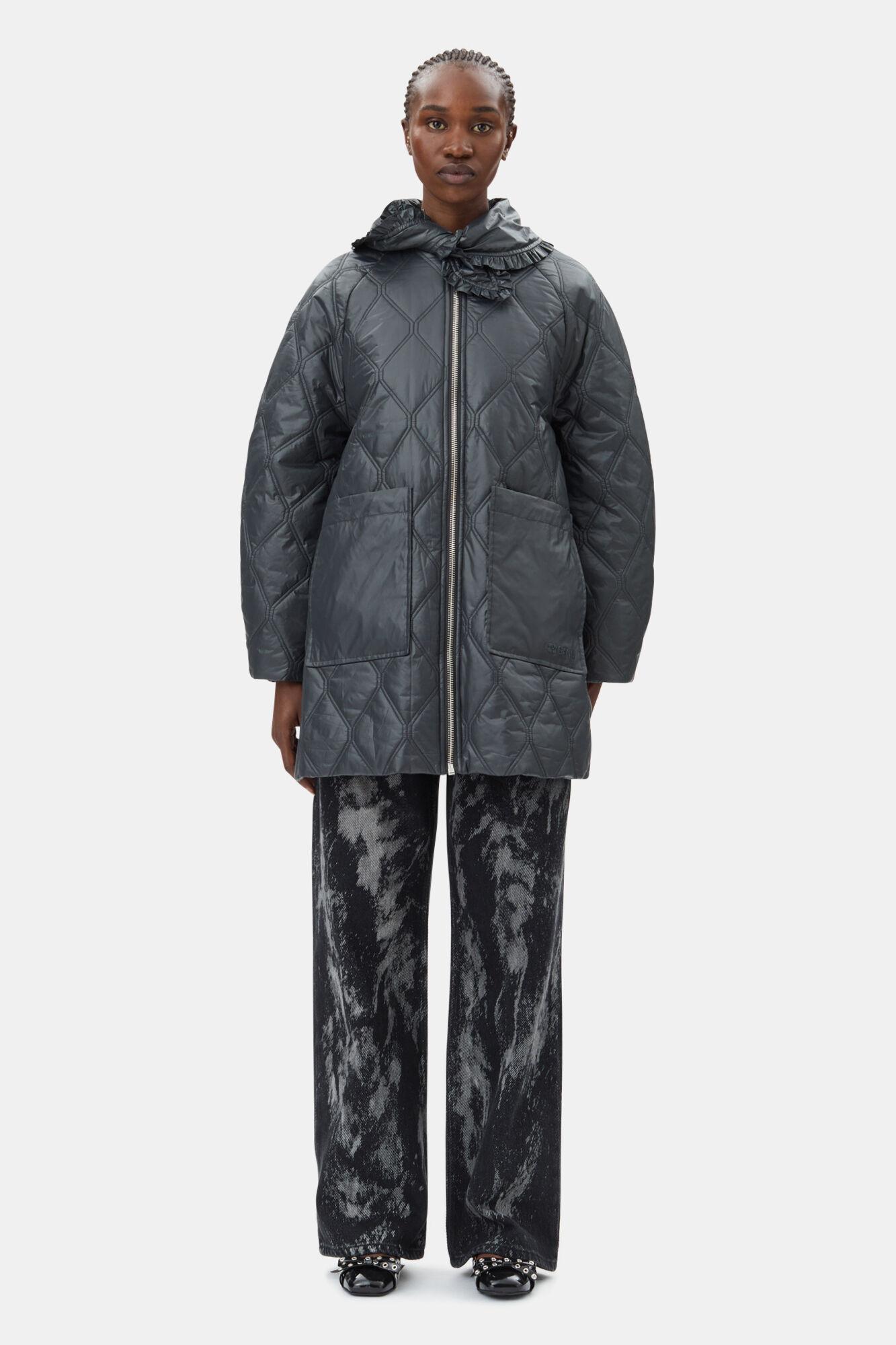 Black Shiny Quilt Midi Jacket Product Image