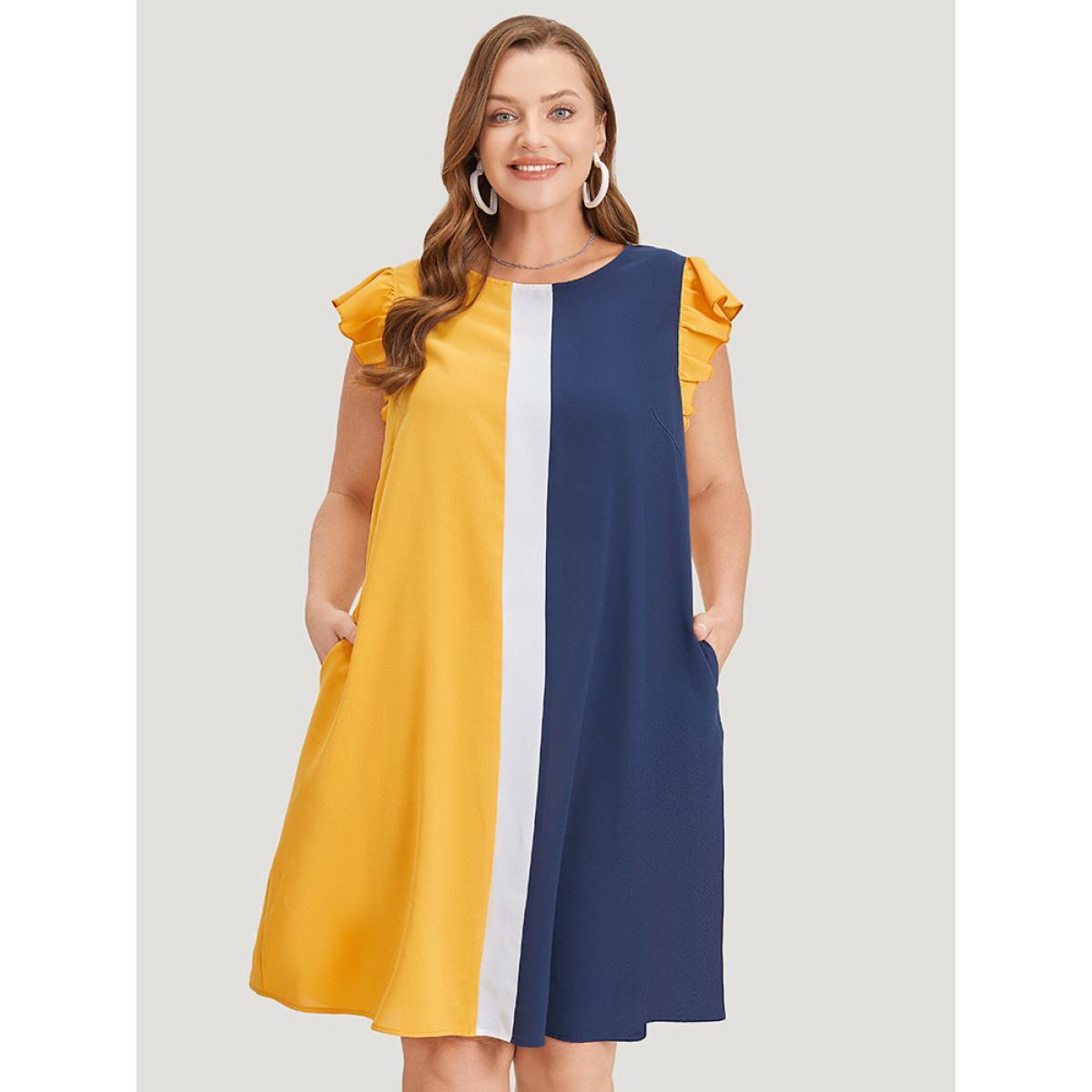 Plus Size Contrast Patchwork Pocket Ruffle Cap Sleeve Dress Multicolor Women Office Contrast Round Neck Cap Sleeve Curvy Knee Dress BloomChic 12/L Product Image