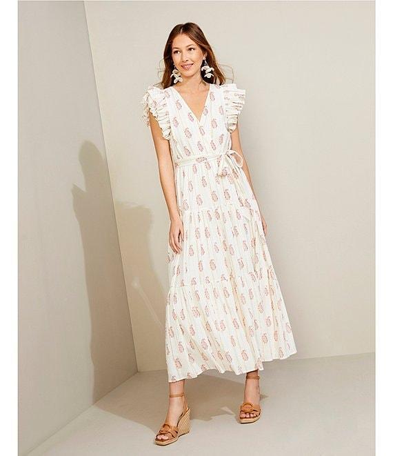 A Loves A Floral Metallic Striped Print Surplice V-Neck Short Ruffled Sleeve Tiered Maxi Dress Product Image