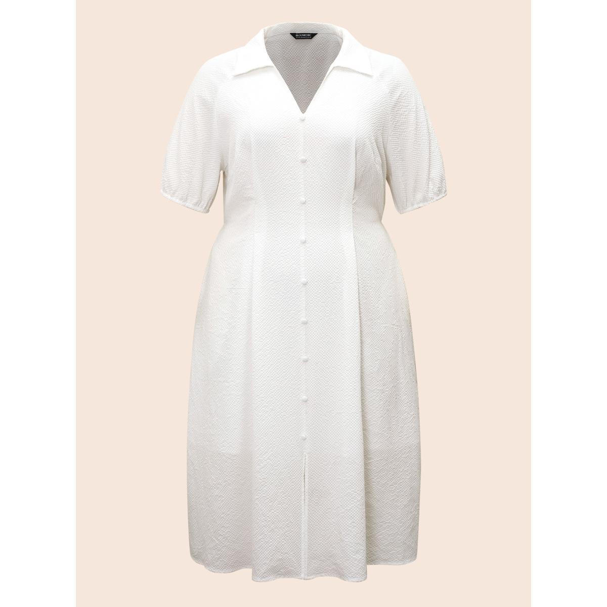 Plus Size Texture Shirt Collar Button Detail Split Front Dress Ivory Women At the Office Texture Shirt collar Half Sleeve Curvy BloomChic 12/L Product Image