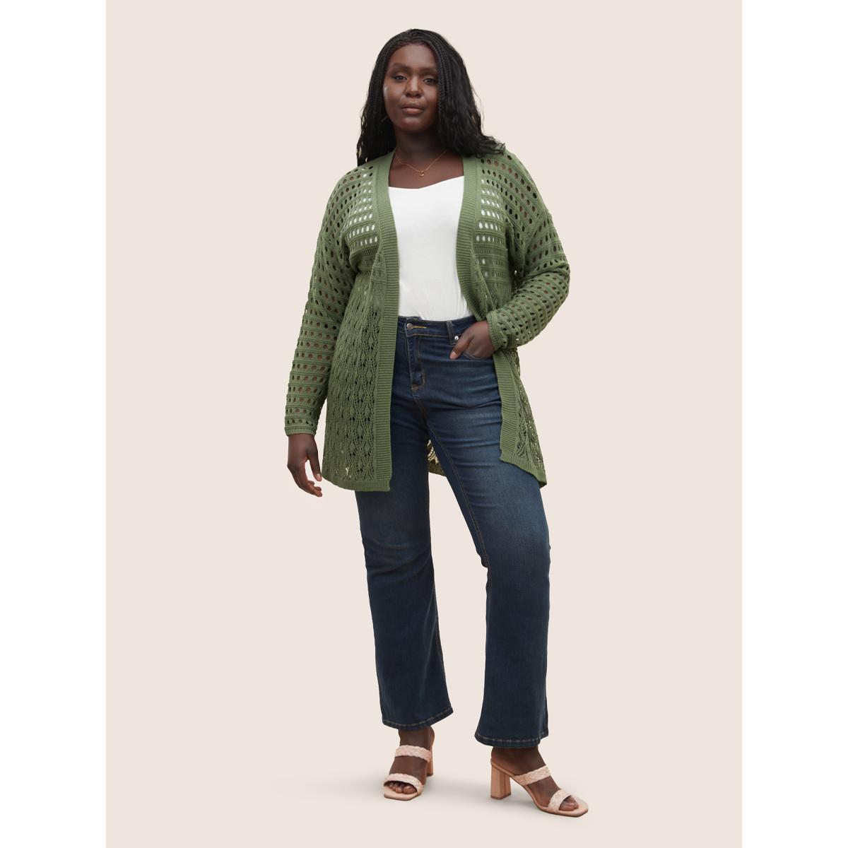 Plus Size Plain Texture Cut Out Open Front Cardigan Moss Women Everyday Casual Cover Ups Bloomchic 28/5X Product Image