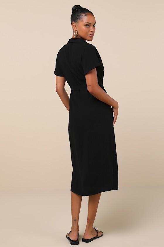 Italian Summer Black Linen Button-Up Short Sleeve Midi Dress Product Image