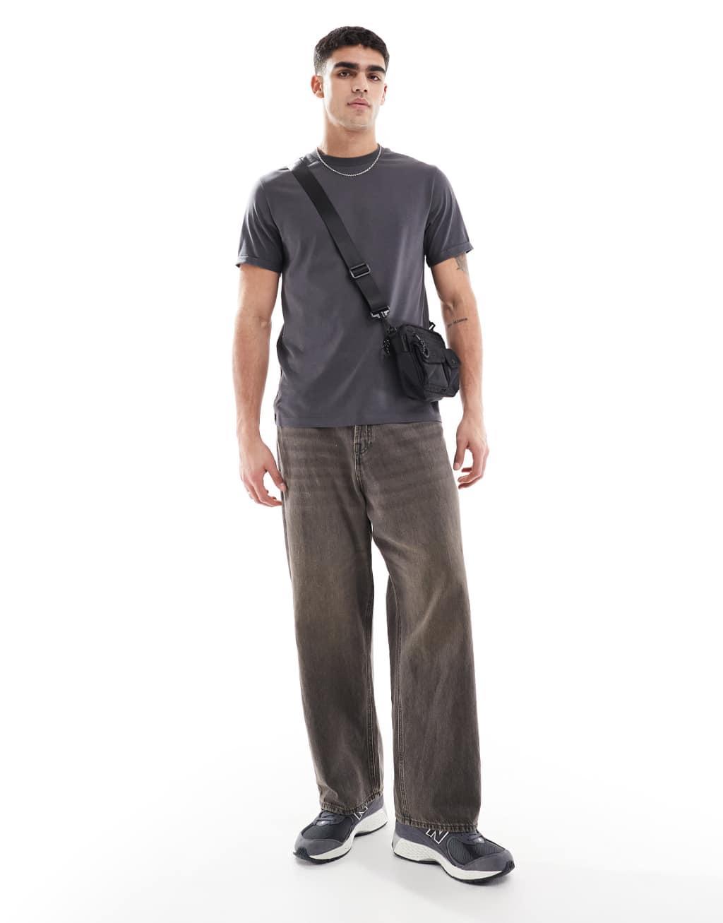 ASOS DESIGN essential crew neck t-shirt with cuffed sleeves in charcoal Product Image