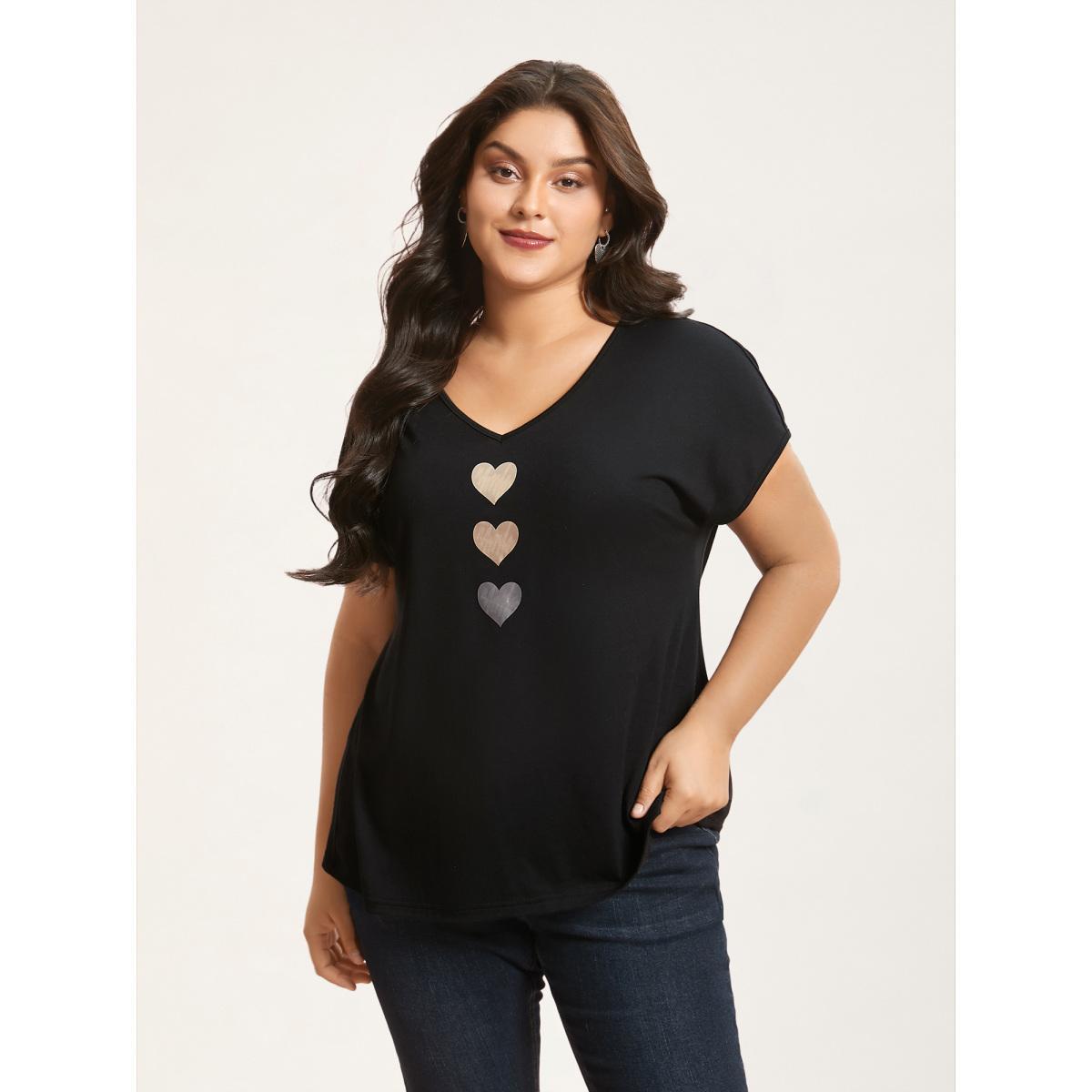 Plus Size Heart Print Stretchy Dolman Sleeve T-Shirt Black Women Casual Non V-neck Everyday T-shirts BloomChic 10/M Product Image