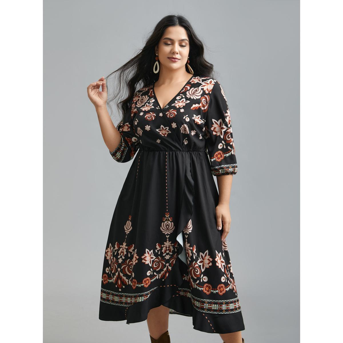 Plus Size Floral Print Wrap Ruffled Hem Dress BlackFlower Women Resort Ruffles Overlap Collar Elbow-length sleeve Curvy BloomChic 14-16/1X Product Image