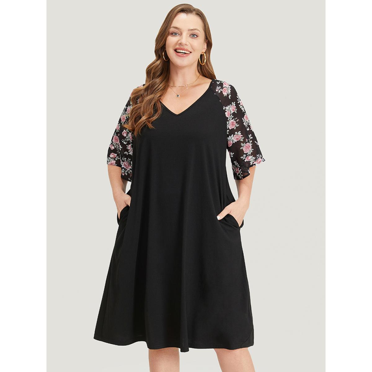 Plus Size Supersoft Essentials Floral Pocket Raglan Sleeve Midi Dress Black Women Casual Plain V-neck Short sleeve Curvy Midi Dress BloomChic 28/5X Product Image