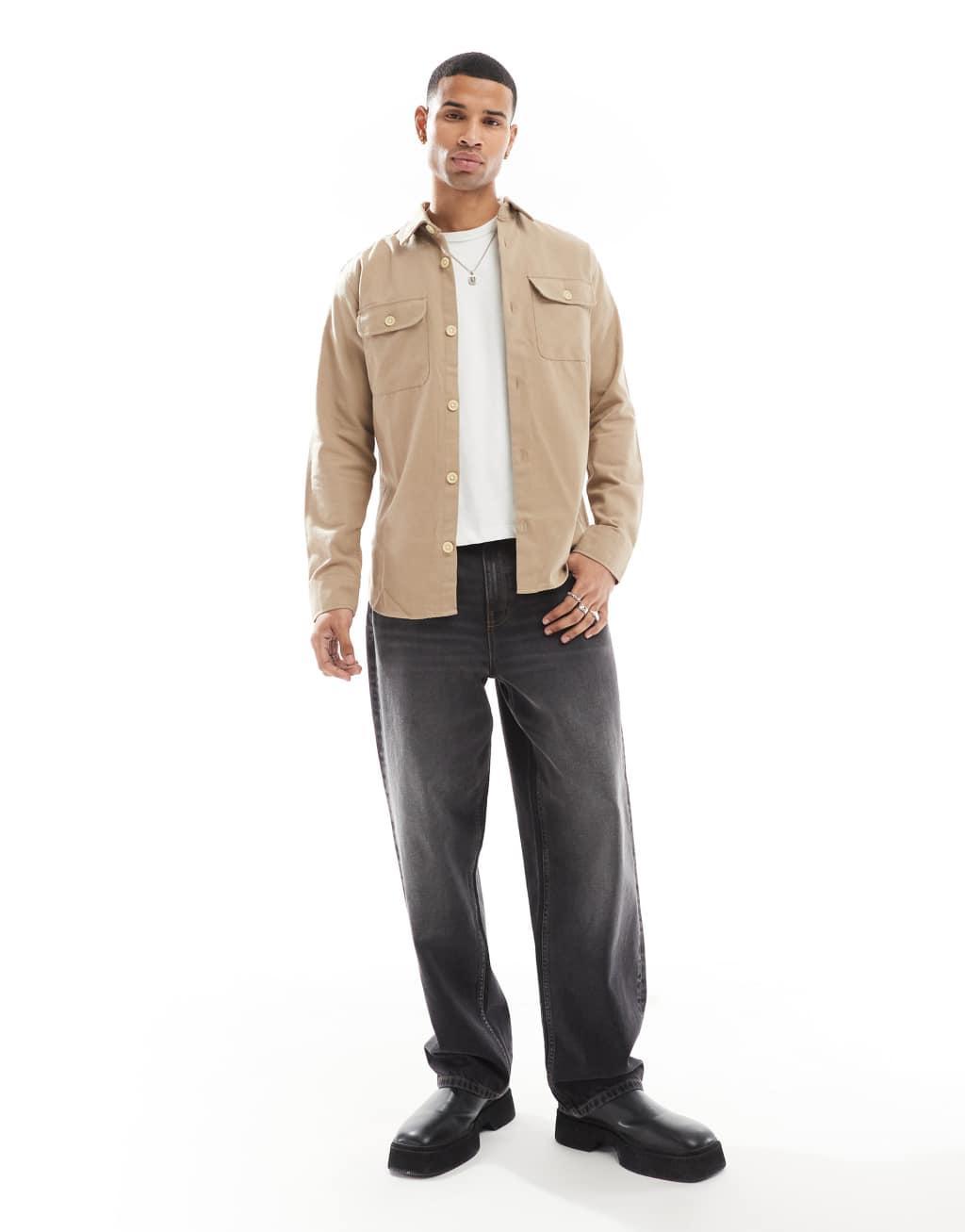 Jack & Jones flannel overshirt in beige Product Image