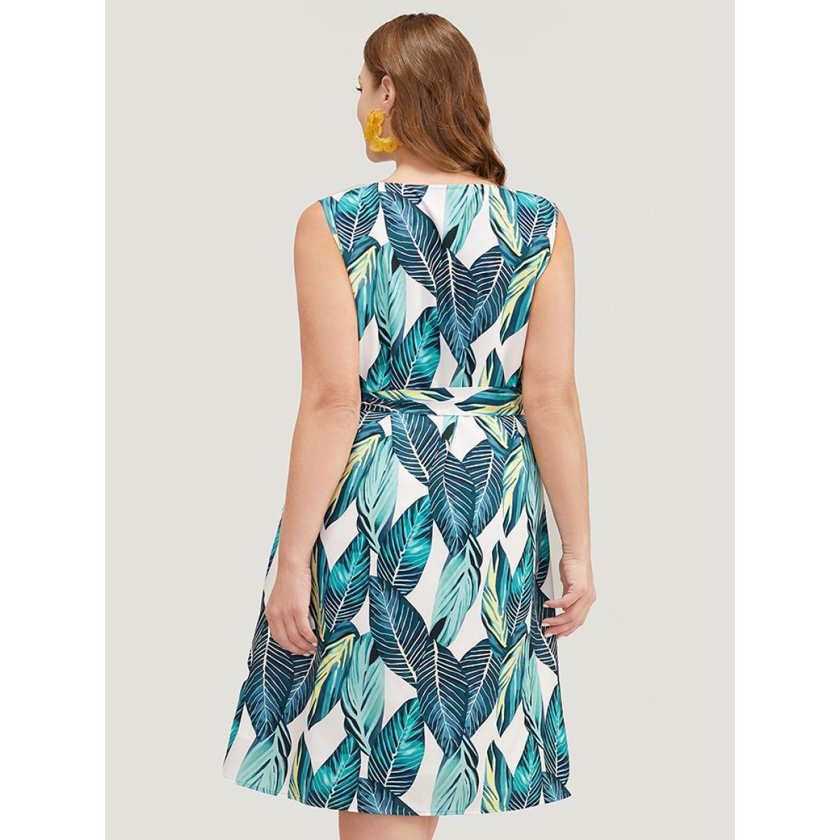 Plus Size Tropical Print Pocket Belted Tank Dress Emerald Women Vacation Cross straps Round Neck Sleeveless Curvy Knee Dress BloomChic 18-20/2X Product Image
