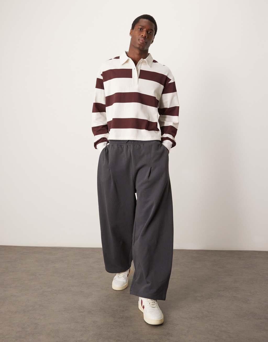 ASOS DESIGN oversized cropped rugby polo sweater in burgundy stripe Product Image
