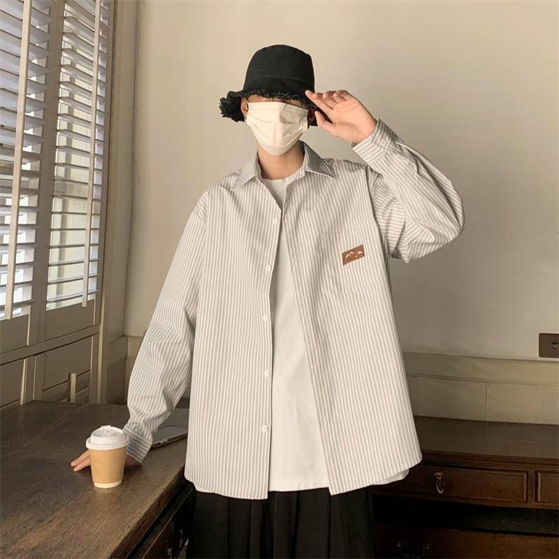 Long-Sleeve Striped Applique Button-Up Shirt Product Image